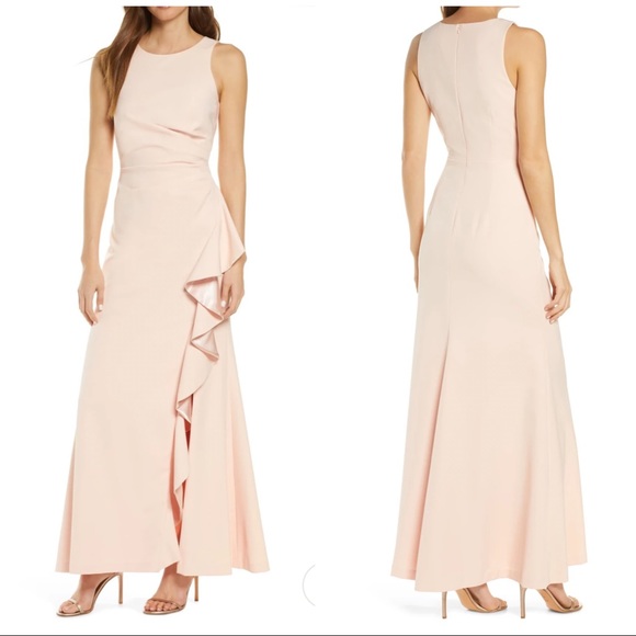 VINCE CAMUTO SLEEVELESS RUFFLE SLIT GOWN maxi dres